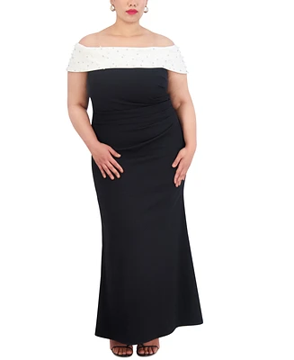 Eliza J Plus Embellished Off-The-Shoulder Gown