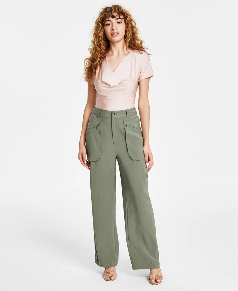 Bar Iii Women's Draped High-Rise Wide-Leg Cargo Pants, Created for Macy's