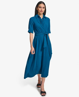 Calvin Klein Women's Tie-Waist Elbow-Sleeve Shirtdress