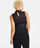 Bar Iii Women's Textured Mesh Mock-Neck Top, Created for Macy's