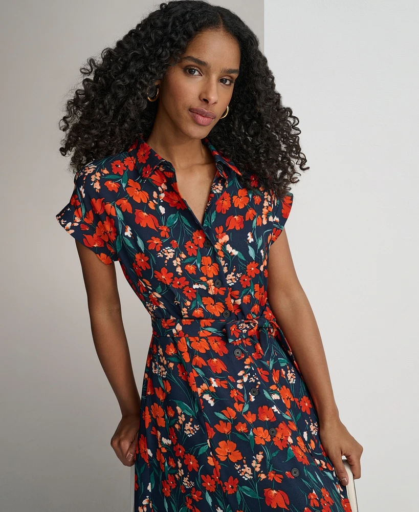 Calvin Klein Women's Floral-Print Tie-Waist Shirtdress