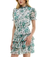 Crystal Doll Juniors' Printed Puff-Sleeve Fit & Flare Dress