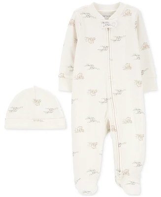 Carter's Baby Cotton 2-Way-Zip Elephant Footed Sleep & Play Coverall Cap, 2 Piece Set