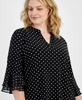 Kasper Plus Dot-Print Flutter-Sleeve Blouse