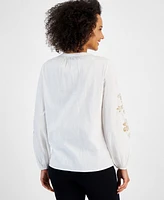 Jm Collection Petite Gold-Embroidery Long-Sleeve Top, Created for Macy's