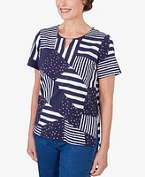 Alfred Dunner Women's Stars and Stripes Split Neck Tee