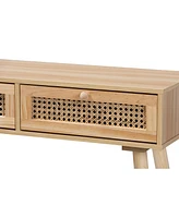 Baxton Studio Maclean Mid-Century Modern Rattan and Natural Brown Finished Wood 2-Drawer Console Table