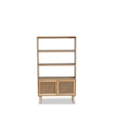 Baxton Studio Faulkner Mid-Century Modern Natural Brown Finished Wood and Rattan 2-Door Bookcase