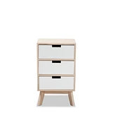 Baxton Studio Halian Mid-Century Modern Two-Tone White and Light Brown Finished Wood 3-Drawer End Table