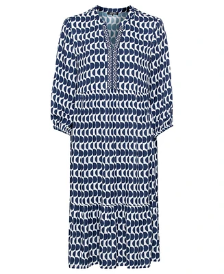 Olsen Women's 100% 3/4 Sleeve Tunic Geo Print Dress with Tiered Hem