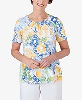 Alfred Dunner Petite Lemons Pleated Neck Short Sleeve Top