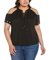 Belldini Black Label Plus Cold-Shoulder Grommet Trim Knit Top