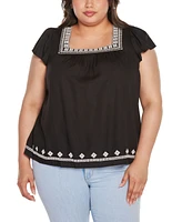 Belldini Black Label Plus Boho Embroidered Square Neck Top