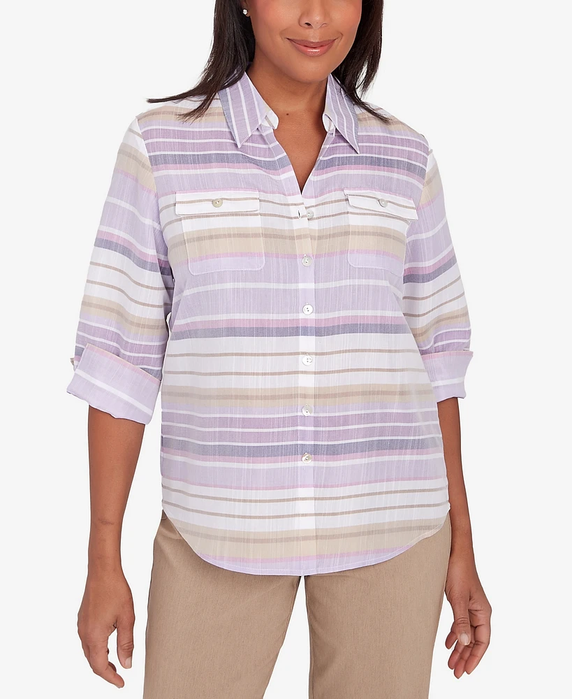 Alfred Dunner Petite Charm School Horizontal Stripe Button Down Top