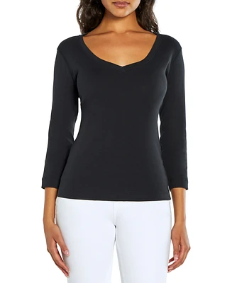 Three Dots Women's V-Neck 3/4-Sleeve T-Shirt