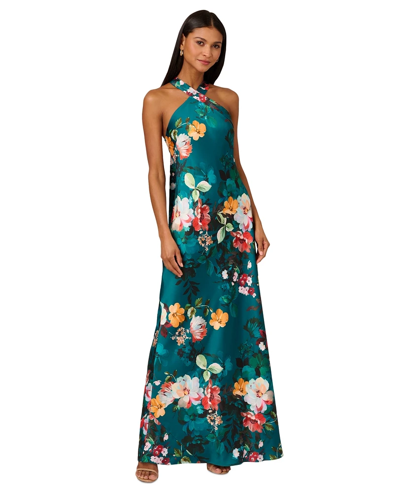 Adrianna by Papell Women's Printed Drape-Back Halter Gown