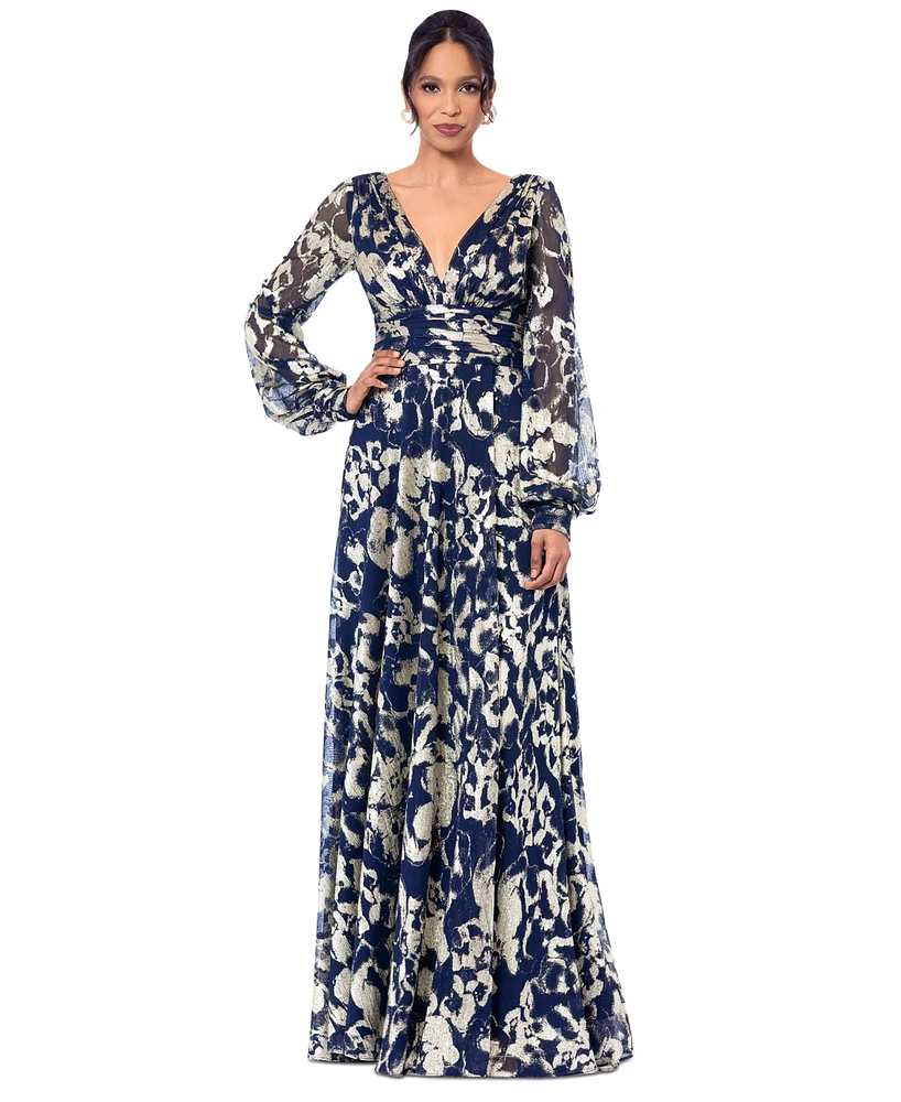 Betsy & Adam Women's Printed Blouson-Sleeve Maxi Dress