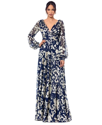 Betsy & Adam Women's Printed Blouson-Sleeve Maxi Dress