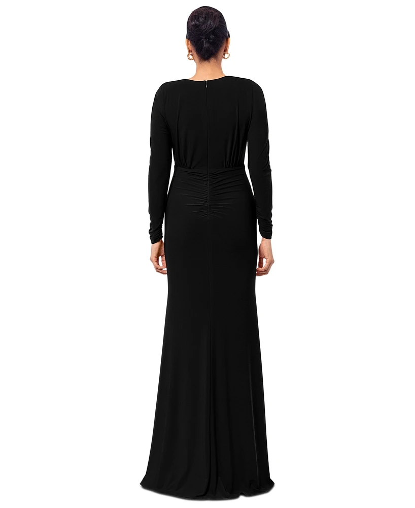 Betsy & Adam Women's Ruched Long-Sleeve Slit Gown