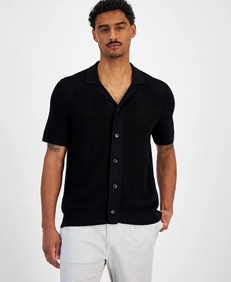 Michael Kors Men's Short Sleeve Button-Front Open Stitch Shirt