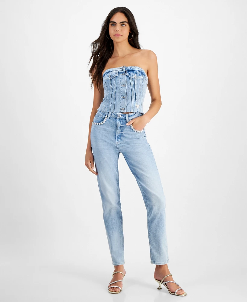 Guess Women's High Rise Embellished Mom Jeans