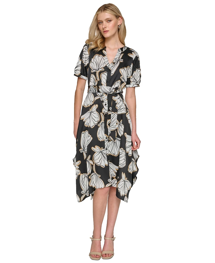 Karl Lagerfeld Paris Women's Printed Button-Front Tie-Waist Dress