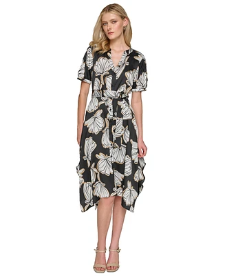 Karl Lagerfeld Paris Women's Printed Button-Front Tie-Waist Dress