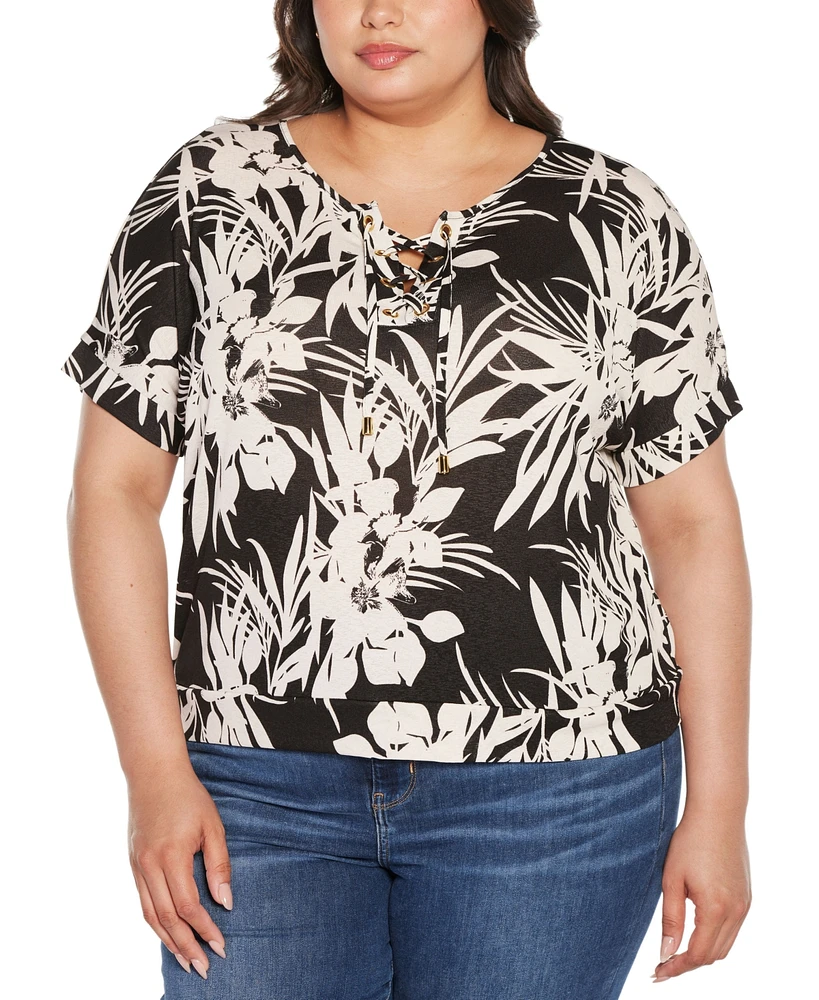 Belldini Plus Floral Print Lace-Up Top