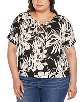 Belldini Plus Floral Print Lace-Up Top