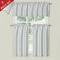 Kate Aurora White & Gray Complete 3 Piece Moroccan Geometric Kitchen Curtain Tier & Valance Set
