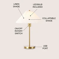 Jonathan Y Freida 21.25" Modern Glam Metal Column Led Table Lamp with Usb Charging Port and Pleated Shade, Brass Gold/White