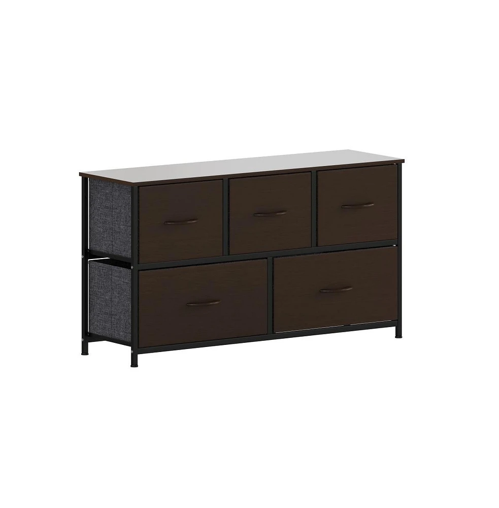 Emma+Oliver Marley 5 Drawer Storage Dresser With Cast Iron Frame, Wood Top, And Easy Pull Fabric Drawers Wooden Handles