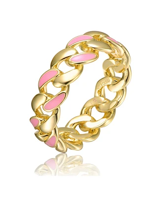 GiGiGirl Young Adults/Teens 14k Yellow Gold Plated with Pink Enamel Inlay Chunky Stiff Chain Ring