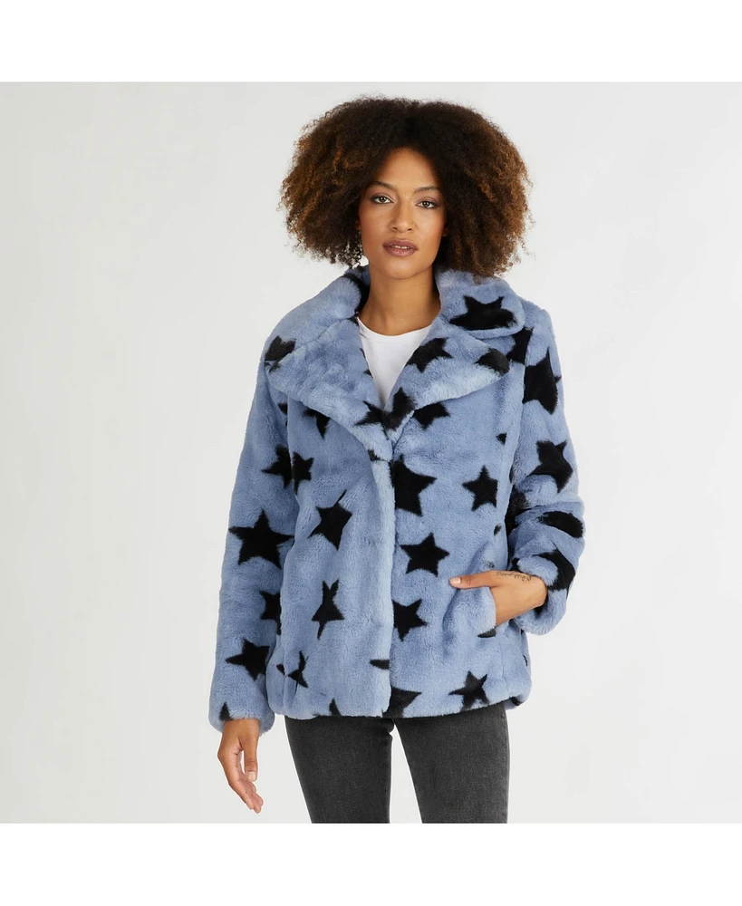 Nvlt Women's Short Pile Faux Fur Star Print Jacket