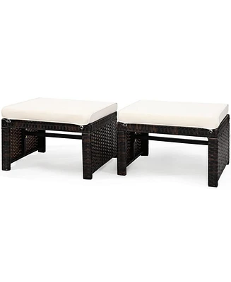 Sugift 2 Pieces Patio Rattan Ottomans with Soft Cushion for and Garden