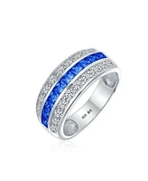 Bling Jewelry Art Deco Blue Cubic Zirconia Half Eternity Channel Set Princess Cut Cz Dome 3 Row Wide Statement Band Ring For Women .925 Sterling Silve