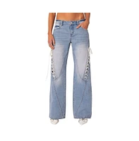 Edikted Women's Low Rise Ribbon Lace Up Jeans - Light