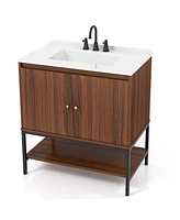 Costway 31" Bathroom Vanity Sink Combo Wooden Bathroom Storage Cabinet with Doors