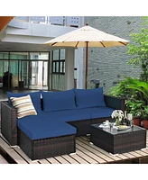 Gymax 5PCS Cushioned Rattan Patio Conversation Set w/ Ottoman Navy Cushion