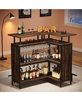 Tribesigns Home Bar Unit, L-Shaped Bar Table with Stemware Racks and 2-Tier Shelves, Corner Mini Coffee Liquor Cabinet with Footrest for Home/Kitchen/