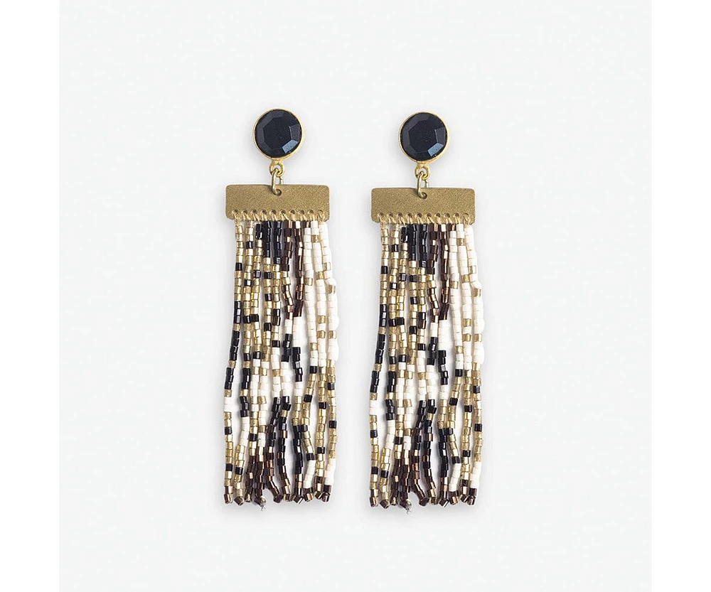 Ink + Alloy Lilah Semi-Precious Stone Post With Organic Shapes Beaded Fringe Earrings Black/white