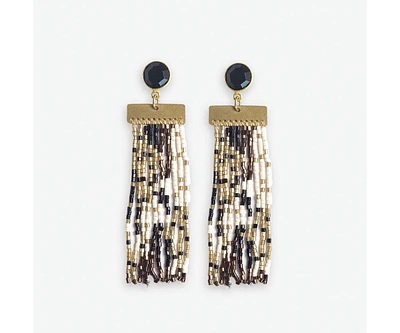 Ink + Alloy Lilah Semi-Precious Stone Post With Organic Shapes Beaded Fringe Earrings Black/white