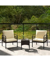 Sugift 3 Pieces Patio Wicker Conversation Set with Cushions and Tempered Glass Coffee Table