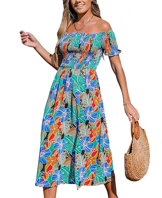 Cupshe Women's Tropical Bloom Off-Shoulder Smocked Maxi Beach Dress