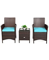 Sugift 3 Pieces Patio Cushioned Rattan Conversation Set With Glass Table Top