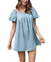 Cupshe Women's Soft Blue Square Neck Puff Sleeve Mini Beach Dress
