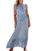 Cupshe Women's Blue Ditsy High Neck Sleeveless Maxi Beach Dress