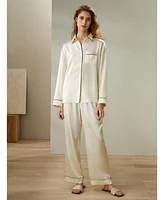 Lilysilk Women's Contrast Piping Button-Up Full Length Pajama Set