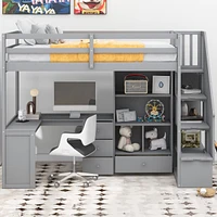 Twin Loft Bed With L-Shaped Desk And Drawers, Cabinet Storage Staircase