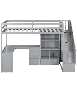 Simplie Fun Twin Loft Bed With L-Shaped Desk And Drawers, Cabinet Storage Staircase